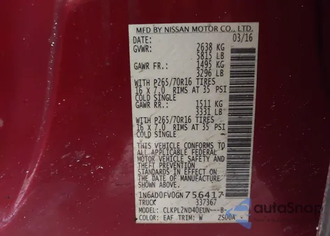 2016 Nissan Frontier Sv z USA, uszkodzony, nr VIN 1N6AD0FV0GN756417